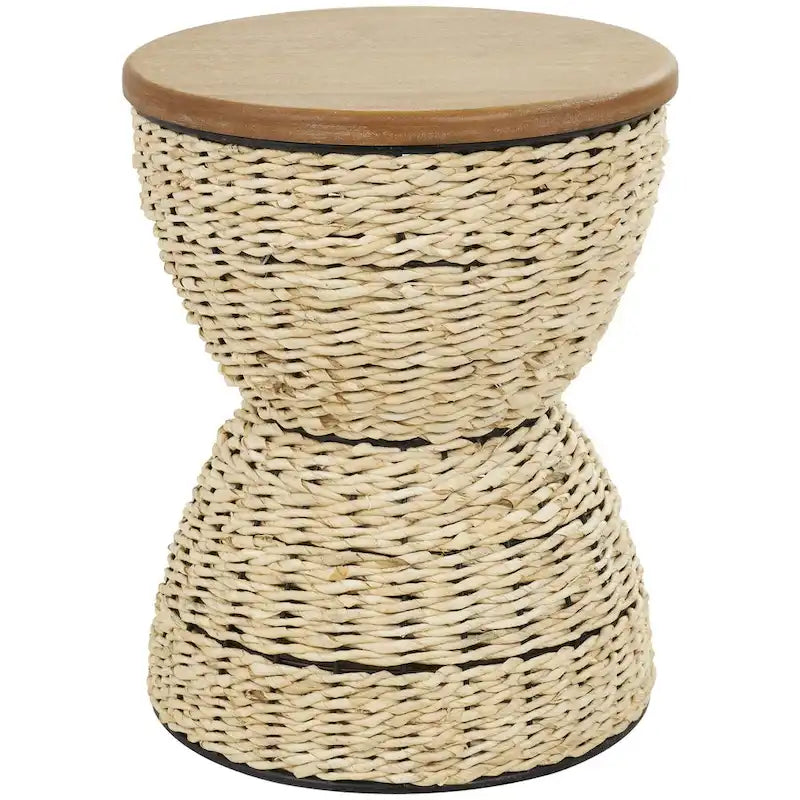 Mesa auxiliar de mimbre tejida a mano con tablero de madera y estructura negra - Marrón claro o marrón