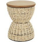 Mesa auxiliar de mimbre tejida a mano con tablero de madera y estructura negra - Marrón claro o marrón