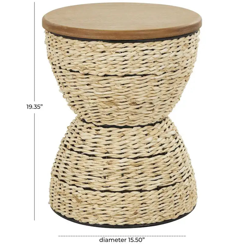 Mesa auxiliar de mimbre tejida a mano con tablero de madera y estructura negra - Marrón claro o marrón