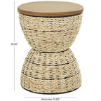 Mesa auxiliar de mimbre tejida a mano con tablero de madera y estructura negra - Marrón claro o marrón