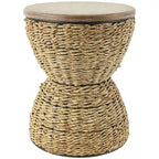 Mesa auxiliar de mimbre tejida a mano con tablero de madera y estructura negra - Marrón claro o marrón