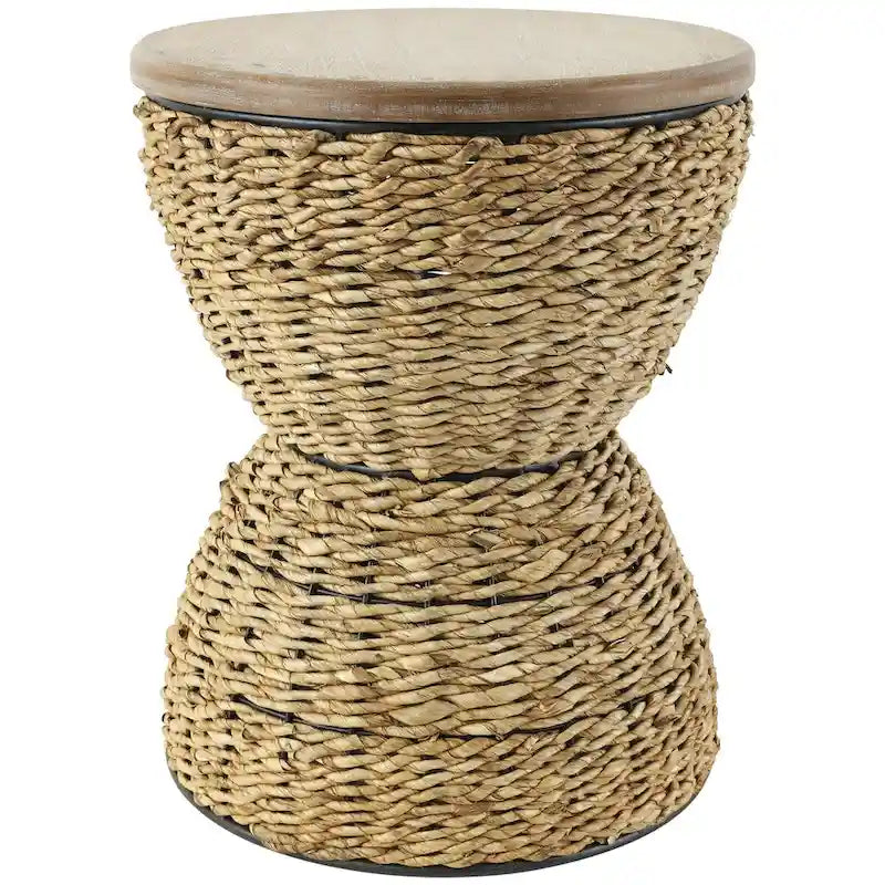 Mesa auxiliar de mimbre tejida a mano con tablero de madera y estructura negra - Marrón claro o marrón