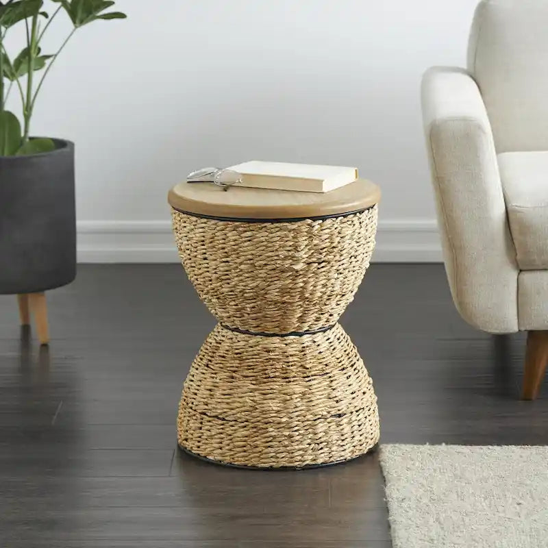 Mesa auxiliar de mimbre tejida a mano con tablero de madera y estructura negra - Marrón claro o marrón