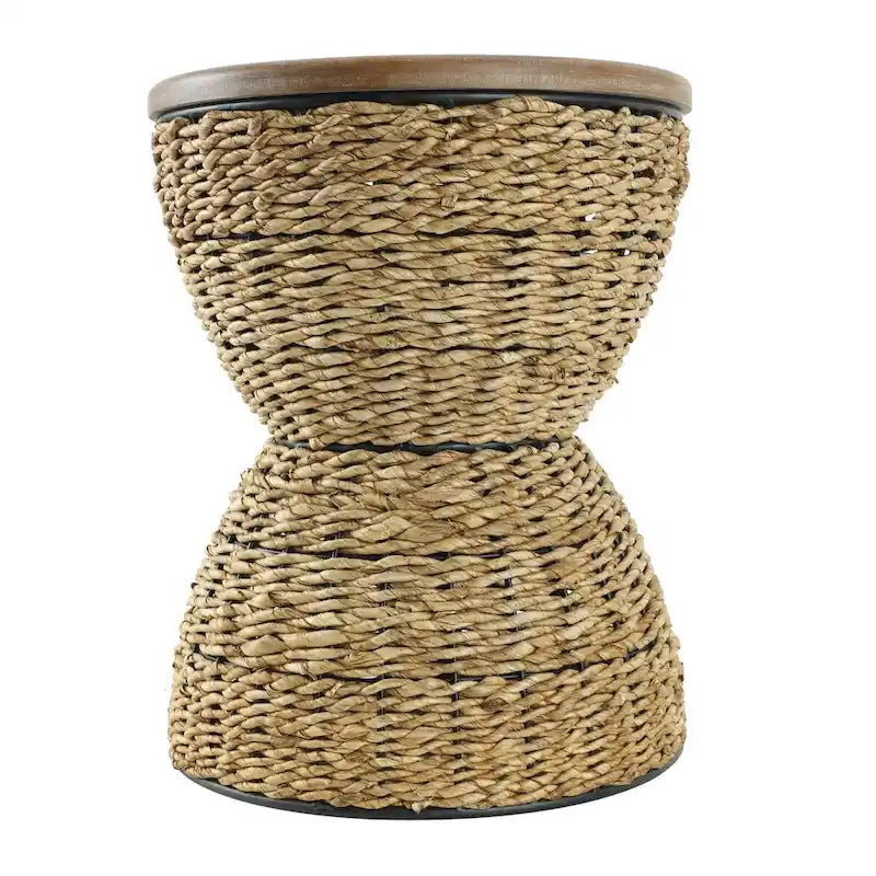 Mesa auxiliar de mimbre tejida a mano con tablero de madera y estructura negra - Marrón claro o marrón