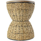 Mesa auxiliar de mimbre tejida a mano con tablero de madera y estructura negra - Marrón claro o marrón