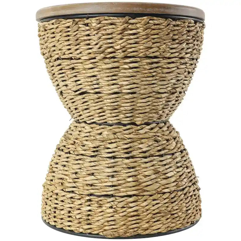 Mesa auxiliar de mimbre tejida a mano con tablero de madera y estructura negra - Marrón claro o marrón