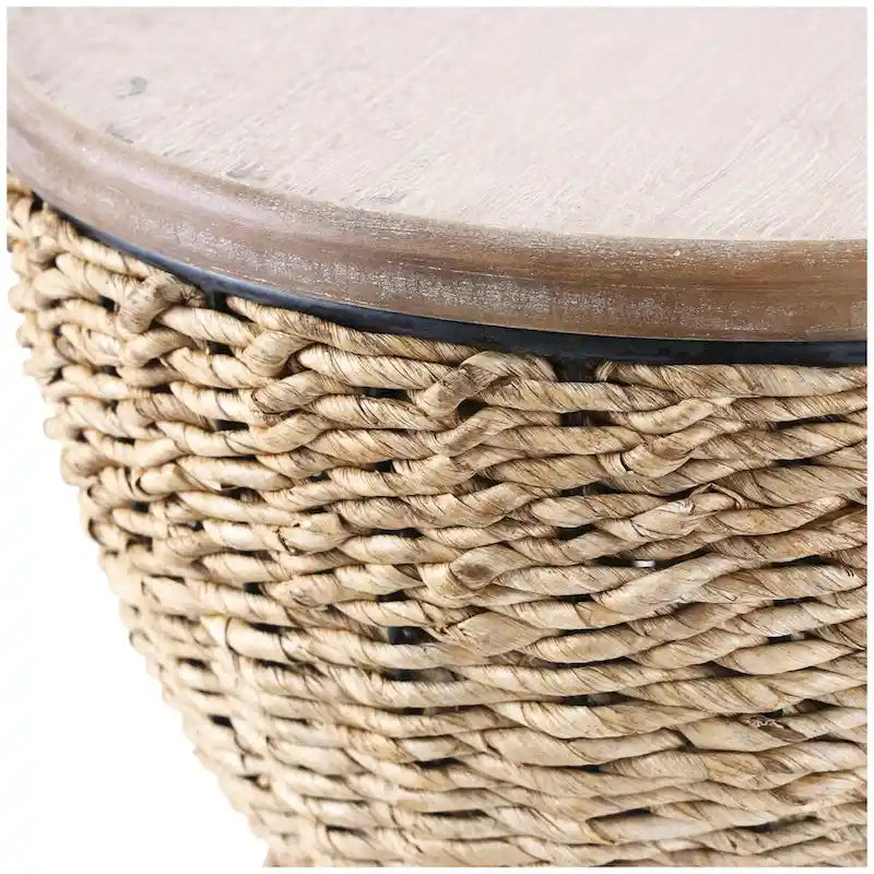Mesa auxiliar de mimbre tejida a mano con tablero de madera y estructura negra - Marrón claro o marrón