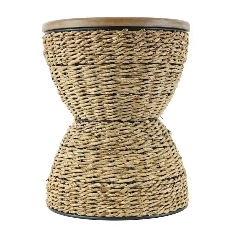 Mesa auxiliar de mimbre tejida a mano con tablero de madera y estructura negra - Marrón claro o marrón