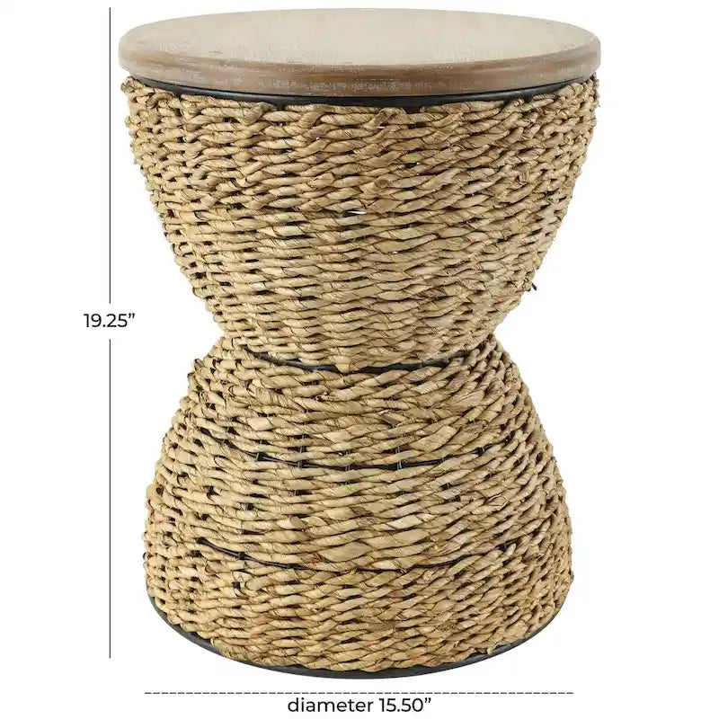 Mesa auxiliar de mimbre tejida a mano con tablero de madera y estructura negra - Marrón claro o marrón